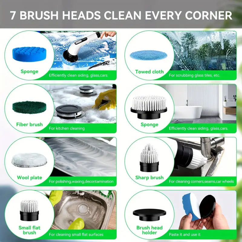 7-in-1 Electric Spin Scrubber Cleaning Brush With Extension Handle (1 Set)