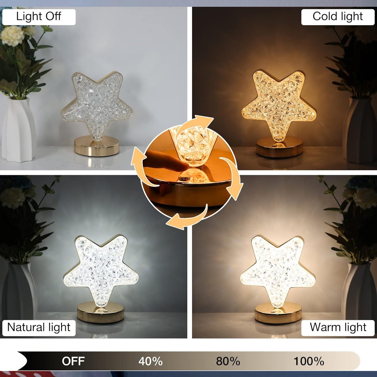 Star Shape Crystal Diamond Lamp Cordless Luxury Lamp With Usb Rechargeable 3-way Dimmable Touch Control Decorative Nightstand Lamp For Bedroom Living Room Party Restaurant Decor (1 Pc )