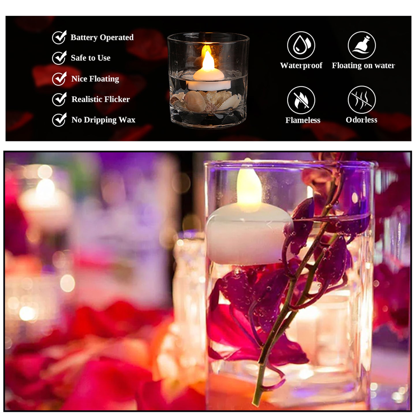 Set Of 12 Flameless Floating Candles Battery Operated Tea Lights Tealight Candle - Decorative Wedding.