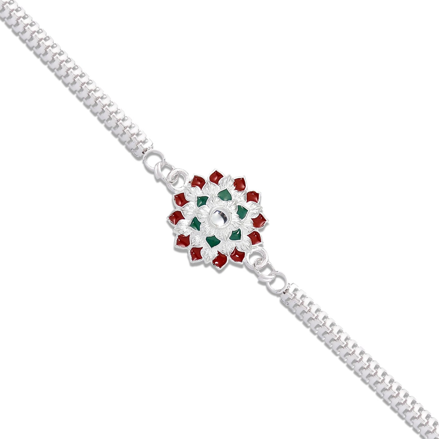 Traditional Floral Rakhi With Red Green Stones Silver Designer Rakhi For Brother