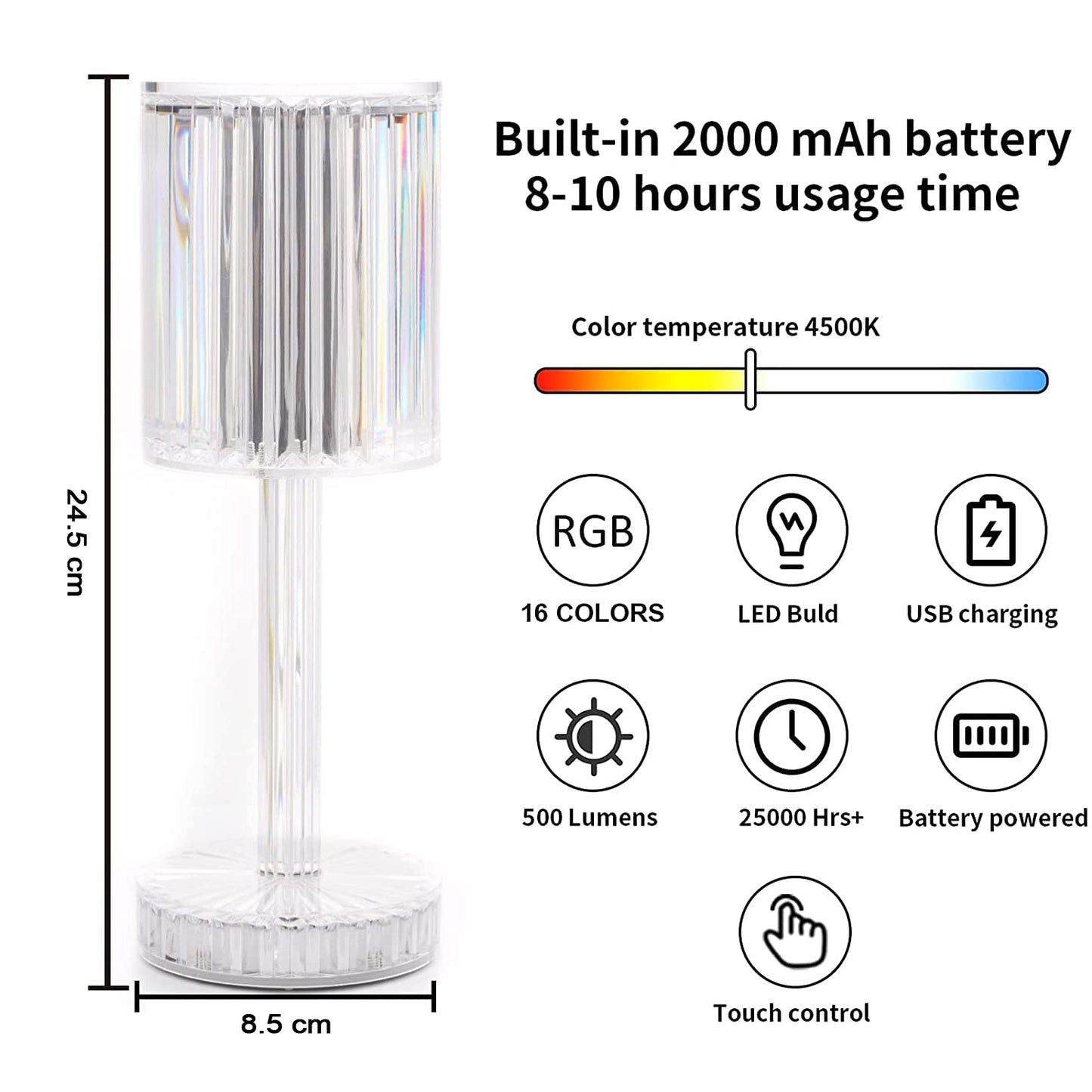 Crystal Table Lamp Touch Control Atmosphere Nightstand Lamp With Usb Charging Line