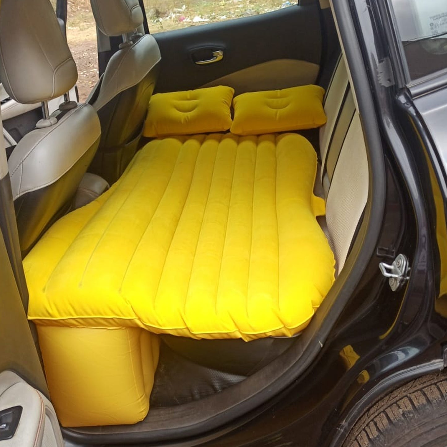 Car Inflatable Bed With 2 Pillows Air Pump (Portable) For Travel Camping Vacation Polyester Inflatable Travel Car Bed Air Sofa With Two Inflatable Pillow And Air Pump For Car Back Seat Air Pump Random Colour