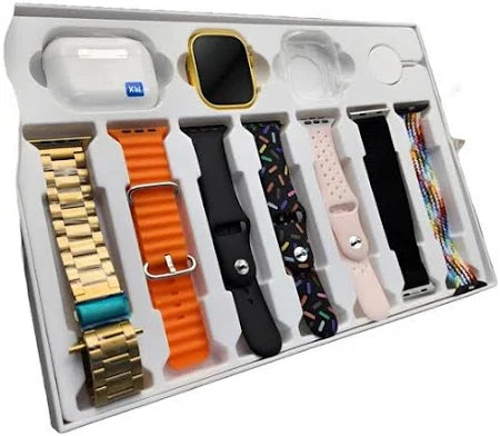 10 In1 Set Ultra Smart Bluetooth Calling Smartwatch + Earphones With Transparent Screen Guard Watch With Seven Classic Straps (Mix Color)