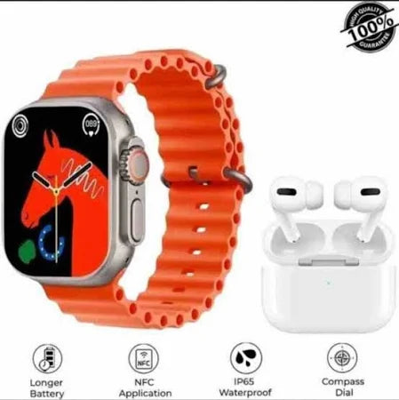 10 In1 Set Ultra Smart Bluetooth Calling Smartwatch + Earphones With Transparent Screen Guard Watch With Seven Classic Straps (Mix Color)