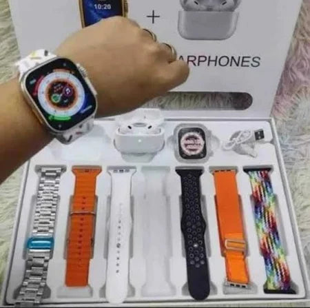 10 In1 Set Ultra Smart Bluetooth Calling Smartwatch + Earphones With Transparent Screen Guard Watch With Seven Classic Straps (Mix Color)