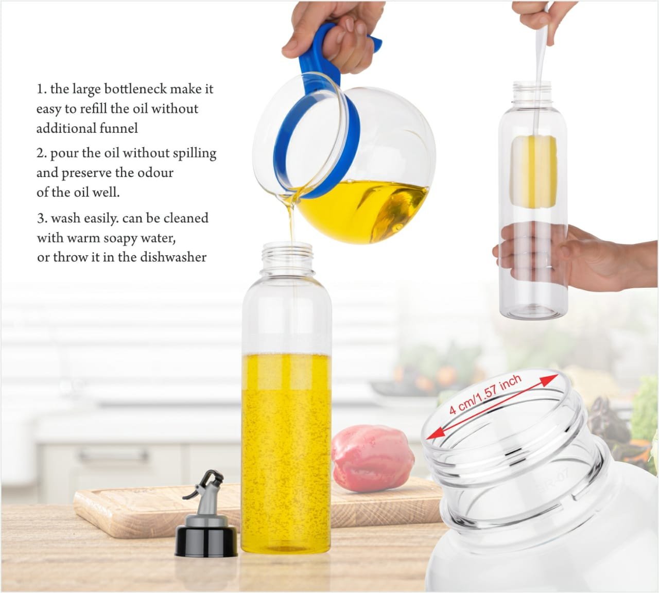 1 ltr Oil Dispenserwith Lid - Clear Drip Free Spout Controlled Use