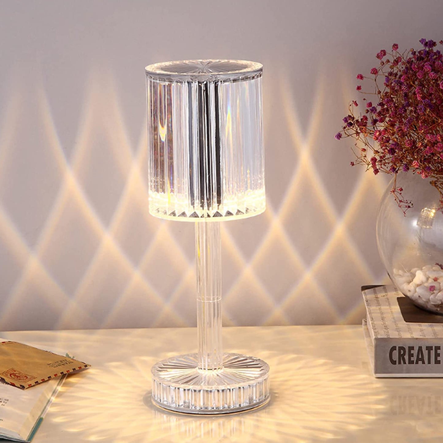 Crystal Table Lamp  Touch Control Atmosphere Nightstand Lamp With Usb Charging Line
