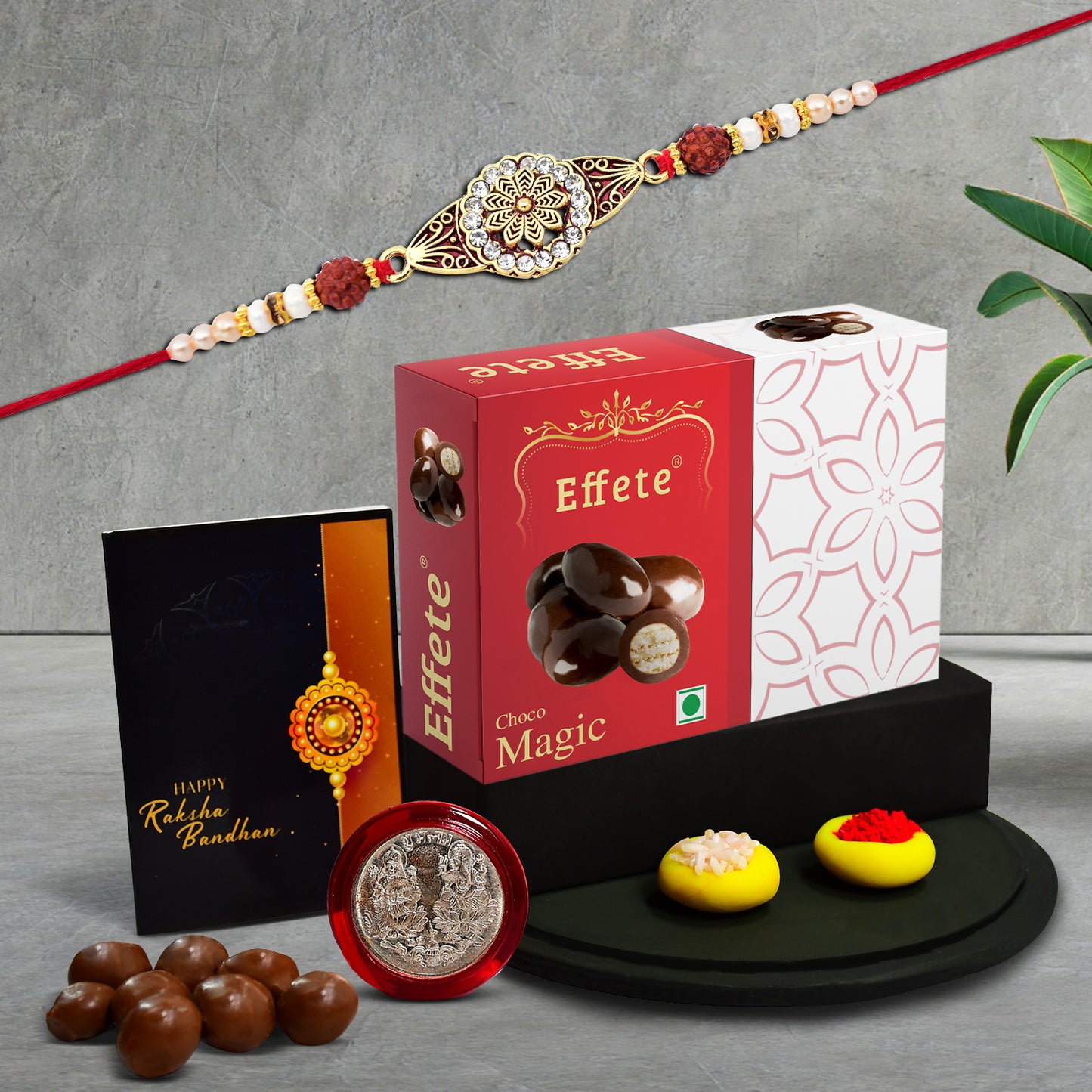 Rakhi With Ritual Kit And Greeting Card