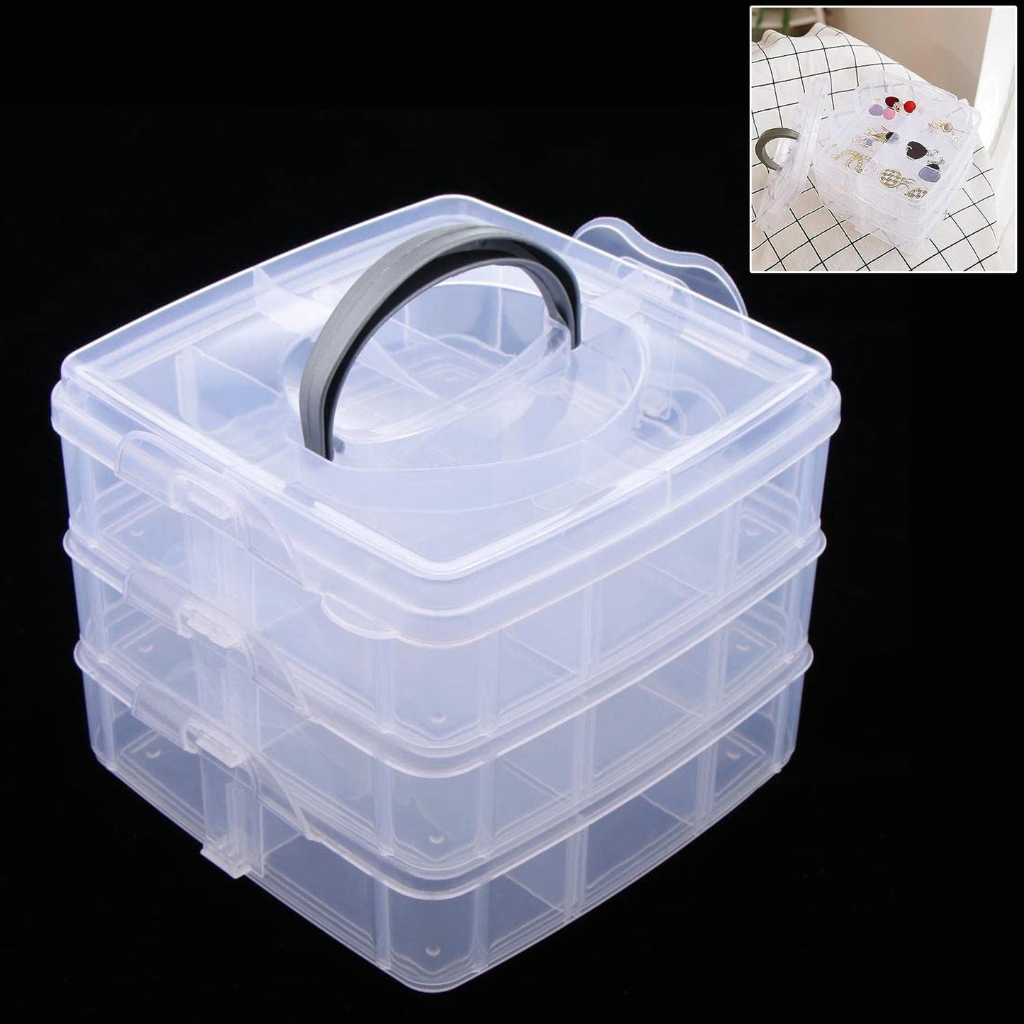 3-tier 18 Sections Transparent Stackable Adjustable Compartment Slot Plastic Craft Storage Box