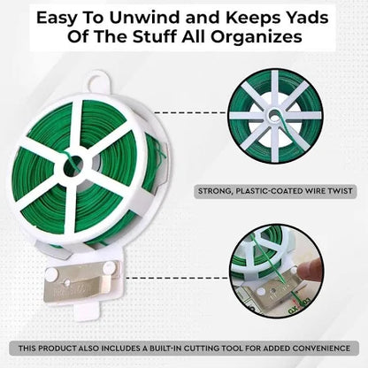 Plastic Twist Tie Wire Spool With Cutter For Garden Yard Plant 30m (Green)
